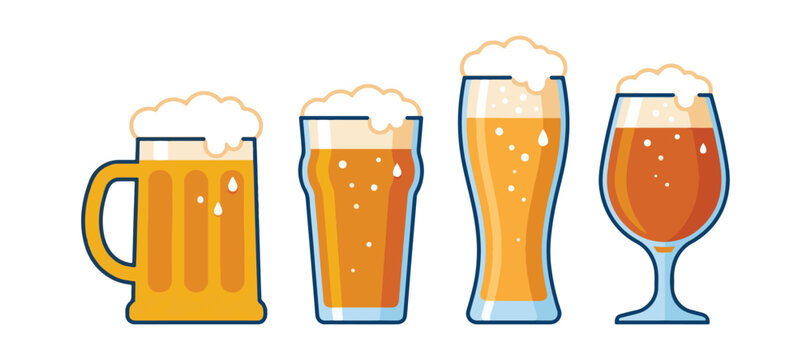 A set of mugs and glasses filled with a bubbly, refreshing drink. Fresh lager beer, an alcoholic beverage. 