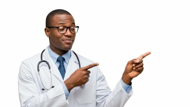 A smiling male doctor pointing to the side against a white background