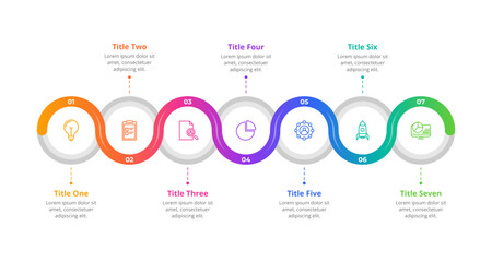 Obraz premium Timeline infographic presentation template with 7 steps or options. Seven phase process infographic. Colorful gradient timeline roadmap with 7 milestones. Vector.