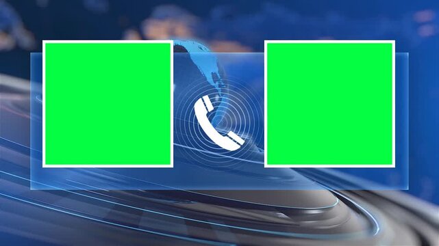 Breaking News Broadcast Studio Background Loop with Double Green Screen Content Placeholders and Spinning Global Network Phone Hotline Icon Animation