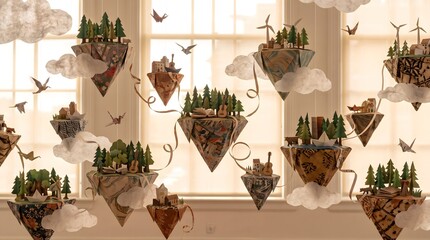 Fototapeta premium Floating Origami Worlds Symbolizing Global Cultural Diversity Paper Art 