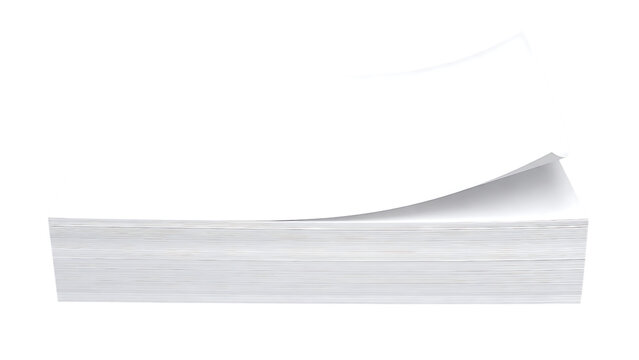 Blank white paper stack with curled top sheet for office printing document mockup isolated on a transparent background