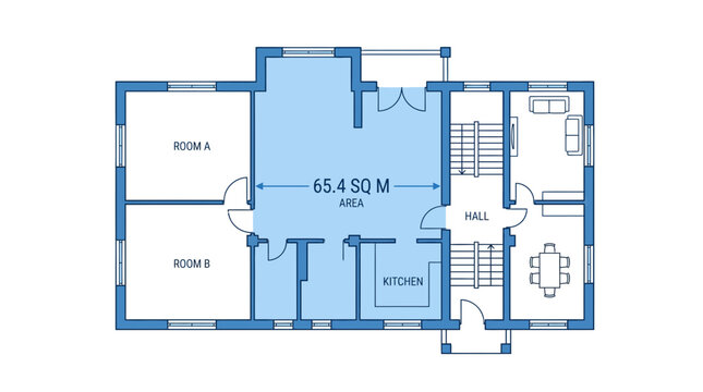 Blueprint floor plan of a house with rooms and area highlighted in blue