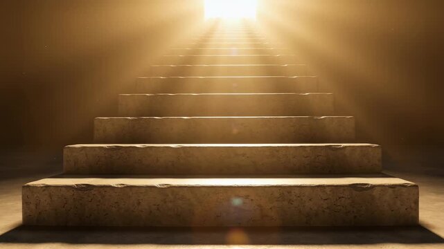 Stone staircase gradually illuminating with golden divine light from above, representing hope, success, faith, and the path to heaven, symbolizing resurrection and ascension