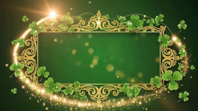 St. Patrick's day gold frame with animated shamrocks and glowing light particles 4K Ai HD high quality video.