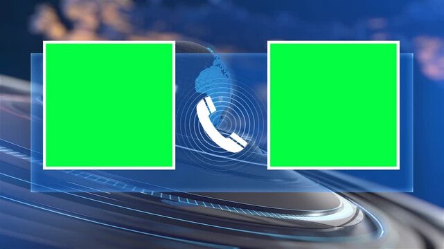 Breaking News Lower Third Overlay Template with Dual Green Screen Window Layout and Spinning Holographic Globe Network Phone Hotline Icon
