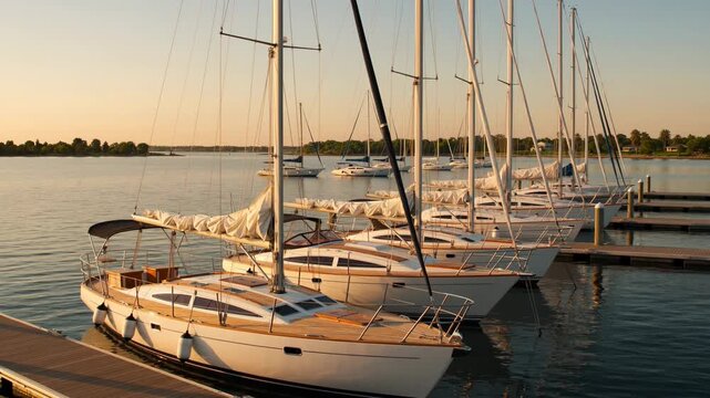 Serene sailboats gently bobbing in a calm marina during a beautiful and tranquil golden hour sunset, reflecting the warm sunlight on the rippling water surface