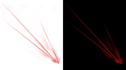 Red laser light beams on black and white backgrounds, glowing neon light rays, futuristic energy streaks for sci-fi visual effects and motion design © MstNadira