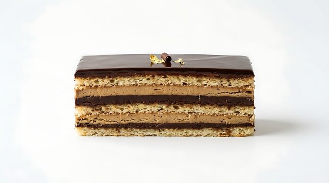 Opera cake slice with chocolate glaze and gold leaf decoration
