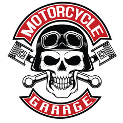 Fototapeta premium Motorcycle bikers garage logo design with skull wearing helmet and goggles vector illustration
