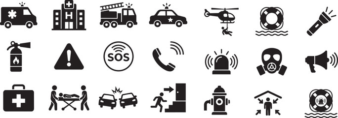 Emergency Services and Public Safety Icon Set with Ambulance, Fire Truck, Police Car, and Rescue Symbols © Rs Rabbi