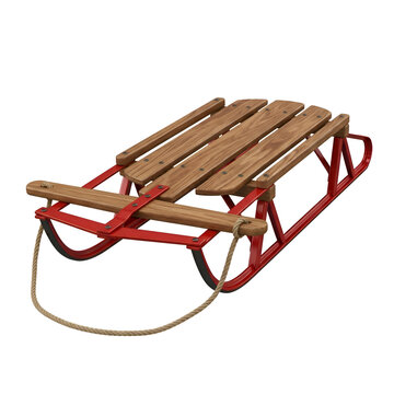 Classic wooden snow sled with red metal runners and pull rope isolated on a white background