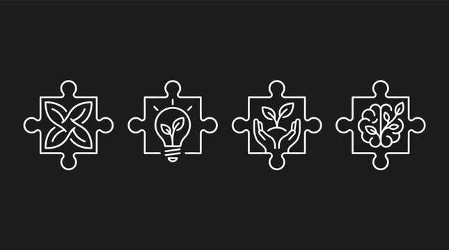 Four interconnected puzzle pieces icons. on black background