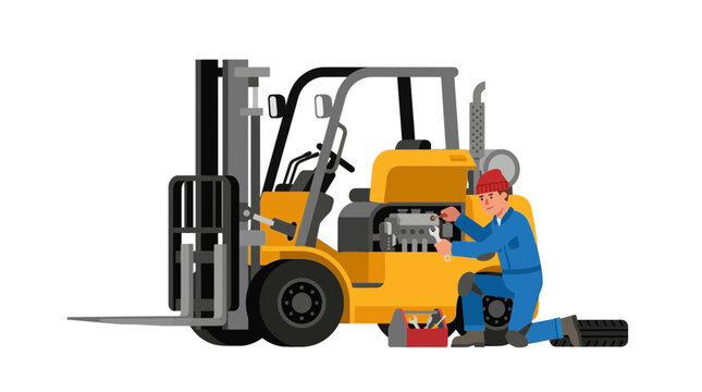 Mechanic repairing a yellow forklift truck engine on white background
