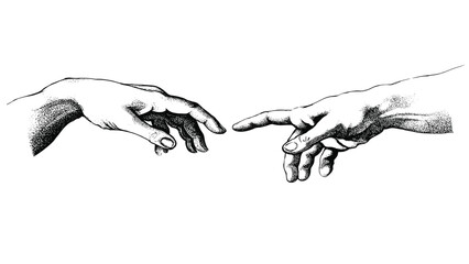 Black and white line of two hands reaching towards each other, inspired by the iconic creation of adam fresco painting © MadhobiRani