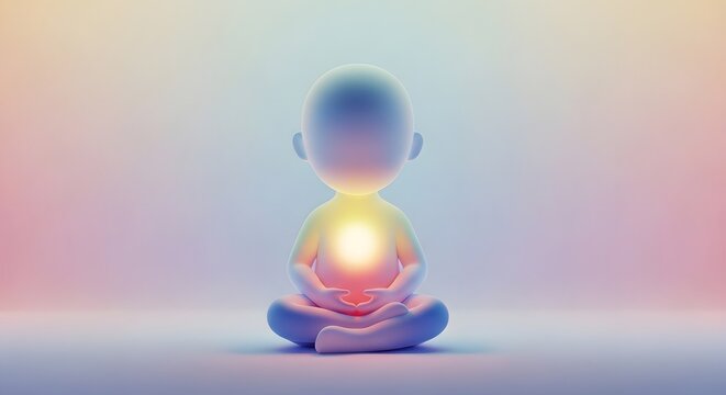 Cute minimalist child character meditating with a glowing heart. Inner peace and mindfulness for kids. Simple 3D character sitting in a lotus position with a radiant light in chest
