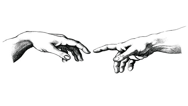 Black and white line of two hands reaching towards each other, inspired by the iconic creation of adam fresco painting