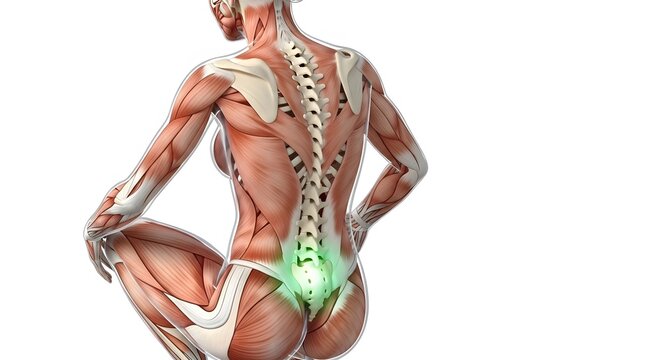 Human tailbone and lower back anatomy. Orthopedic health and lumbar spine awareness. 3D anatomical model of a female sitting with a glowing green area indicating tailbone pain