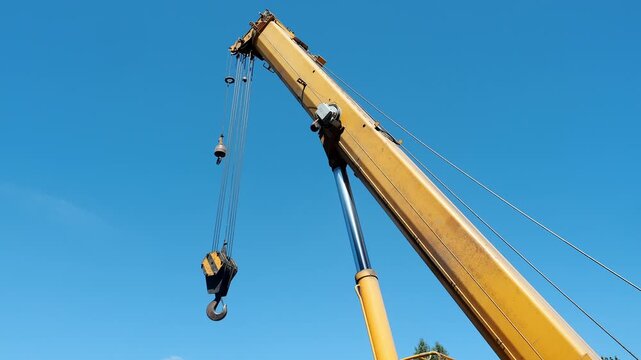 Close-up of a mobile crane boom with suspended hook against a clear blue sky. Heavy lifting equipment used in construction, logistics and industrial operations.