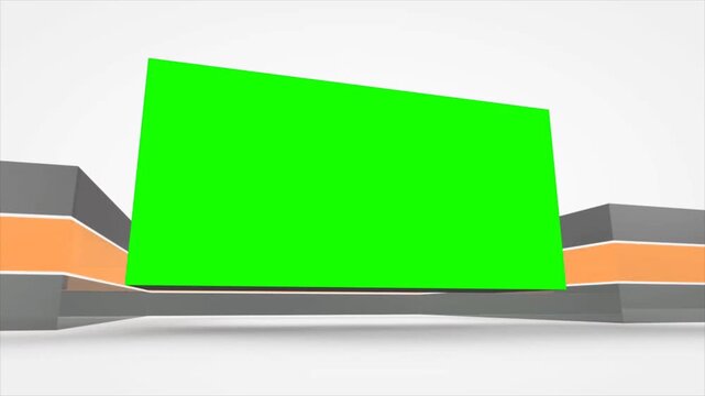 3D Minimalist Green Screen Studio Mockup with Floating Billboard Panel and Abstract Orange Glass Geometry Lines
