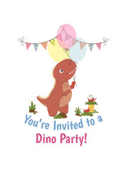 Cute cartoon tyrannosaurus rex holding colorful balloons under party bunting garland. Kids birthday dino party invitation card template with lettering text. Vector illustration. © Elena