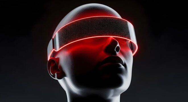 Cybernetic human silhouette with digital visor. Future technology and advanced AI. Minimalist head portrait of a person wearing a glowing red tech visor