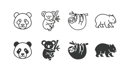 Obraz premium Minimalist animal icon set featuring panda, koala, sloth, and wombat. Modern line and silhouette wildlife vector graphics. Cute zoo animal symbols for web design.