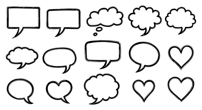 Collection of Black Outline Speech and Thought Bubbles Including Hearts and Clouds.