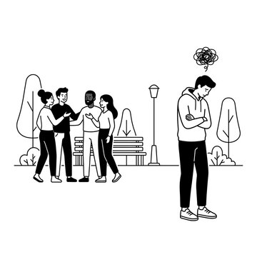 A man feeling left out while a group of people socialize in the park, vector, illustration, silhouette, people, person, concept, business concept, black and white, line art, minimal