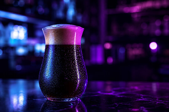 Nitro Cold Brew Coffee in Curved Glass with Neon Blue and Purple Lighting on Reflective Bar Counter, Cyberpunk Nightclub Atmosphere, Futuristic Beverage Photography