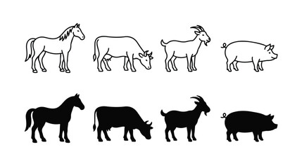 Obraz premium Hand drawn farm animal icons, minimalist line art and black silhouettes of horse cow goat and pig, rustic livestock vector set for agricultural branding