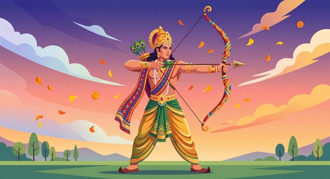 Lord Rama Aiming Bow and Arrow Dussehra and Ram Navami Festival Vector Illustration