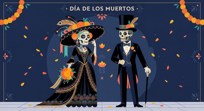 Dia de los Muertos Day of the Dead Catrina and Catrin Skeleton Couple Illustration