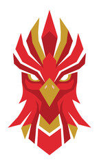 Naklejka premium Stylized phoenix head icon with bold angular feathers in vibrant red and deep gold isolated on a white background minimal design concept