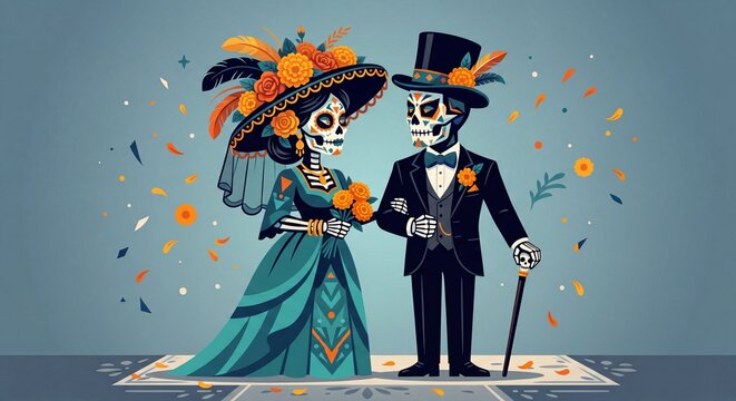 Dia de los Muertos Day of the Dead Catrina and Catrin Skeleton Couple Illustration