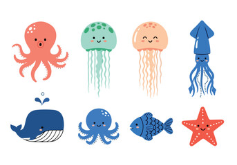 Naklejka premium Cute Sea Animal Vector. Kawaii Marine Life. Flat Design. Sticker Art.