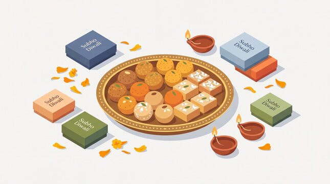 Traditional Indian Mithai Sweets Platter with Diyas and Diwali Gift Boxes Illustration