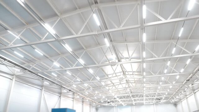 Bright LED lighting installed on steel roof trusses inside a modern warehouse or industrial facility. Industrial architecture, logistics infrastructure and commercial building interior.