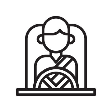 Driving person icon with steering wheel and seatbelt a black and white line drawing driver vehicle transportation automobile car