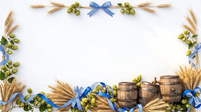 Autumn Harvest Brewing Frame with Golden Wheat Hops and Wooden Barrels on a White Background