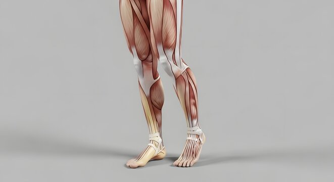 Muscular leg anatomy and sports medicine analysis. Biological structure, fitness and human movement. Detailed view of the lower body muscles, tendons and bones of a human leg