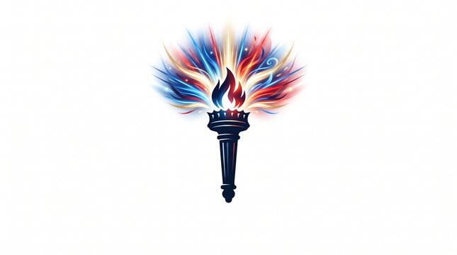 Symbolic flaming torch with vibrant red and blue energy on white