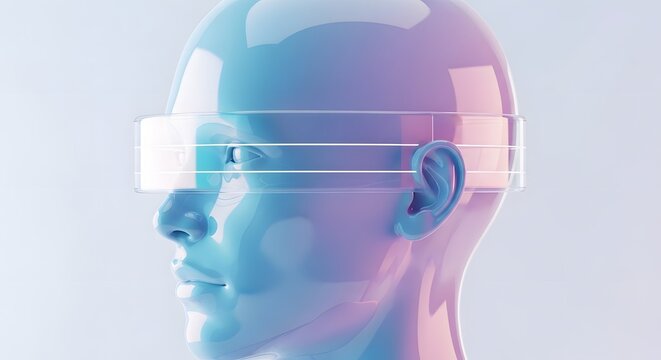 Abstract futuristic head silhouette and digital vision. Cyber identity, technology and virtual reality. A stylized metallic human head profile wearing a transparent digital glass visor