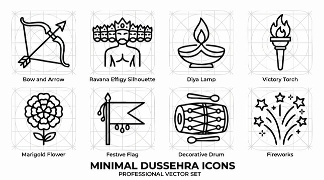 Minimal Dussehra icons professional vector set, 8 linear Indian festival symbols including Ravana effigy and Diya lamp, black outline holiday graphics