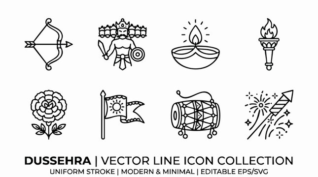 Dussehra vector line icon collection, 8 minimal Indian festival symbols, Ravana and bow arrow outline graphics, editable stroke holiday elements