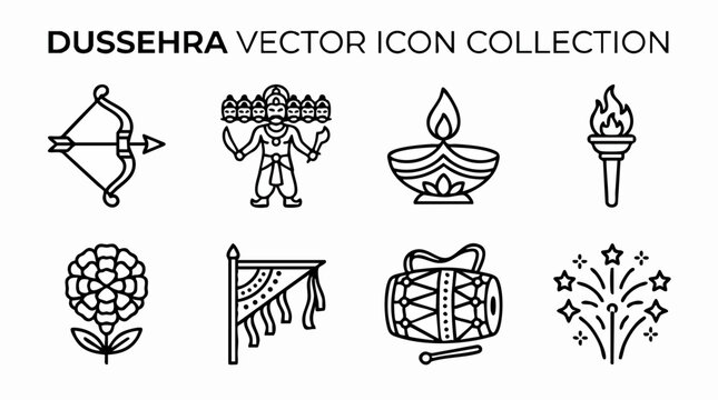 Dussehra vector icon collection, 8 black line Indian festival symbols, Ravana and Rama bow graphics for Vijayadashami celebration