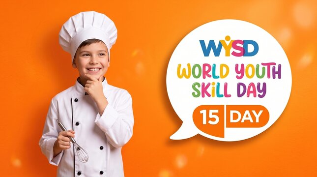 Young boy wearing a white chef hat and uniform holding a metal whisk against a bright orange background with a speech bubble for youth skills day