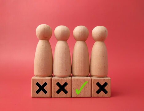 Four wooden peg figures stand on blocks marked with three black cross marks and one green checkmark on red