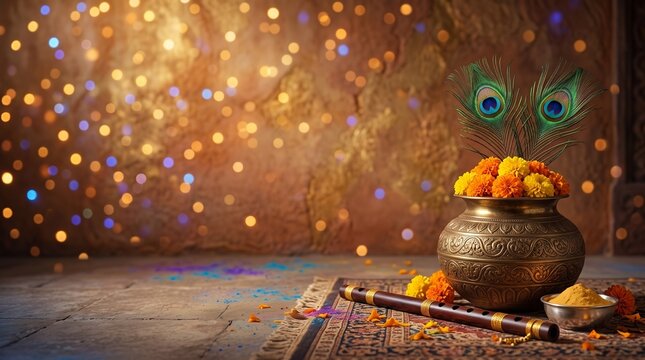 Happy Krishna Janmashtami festive banner design with Lord Krishna playing flute silhouette, peacock feather, and earthen matki pot on beautiful glowing background illustration.
