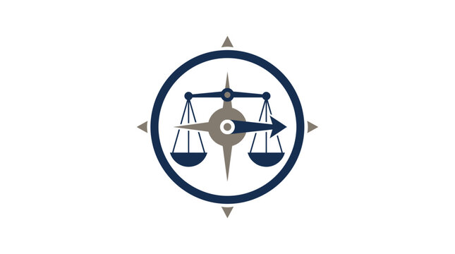A compass rose logo with scales of justice and an arrow pointing right, symbolizing direction and fairness.